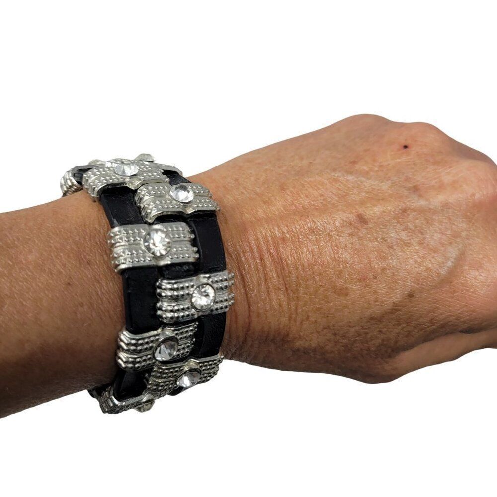 Steampunk Wide Black Leather Bracelet Checker Studded Rhinestone Streetwear‎ - Picture 3 of 8